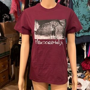 Small burgundy women’s t-shirt southwest US indigenous art by Neoglyphics